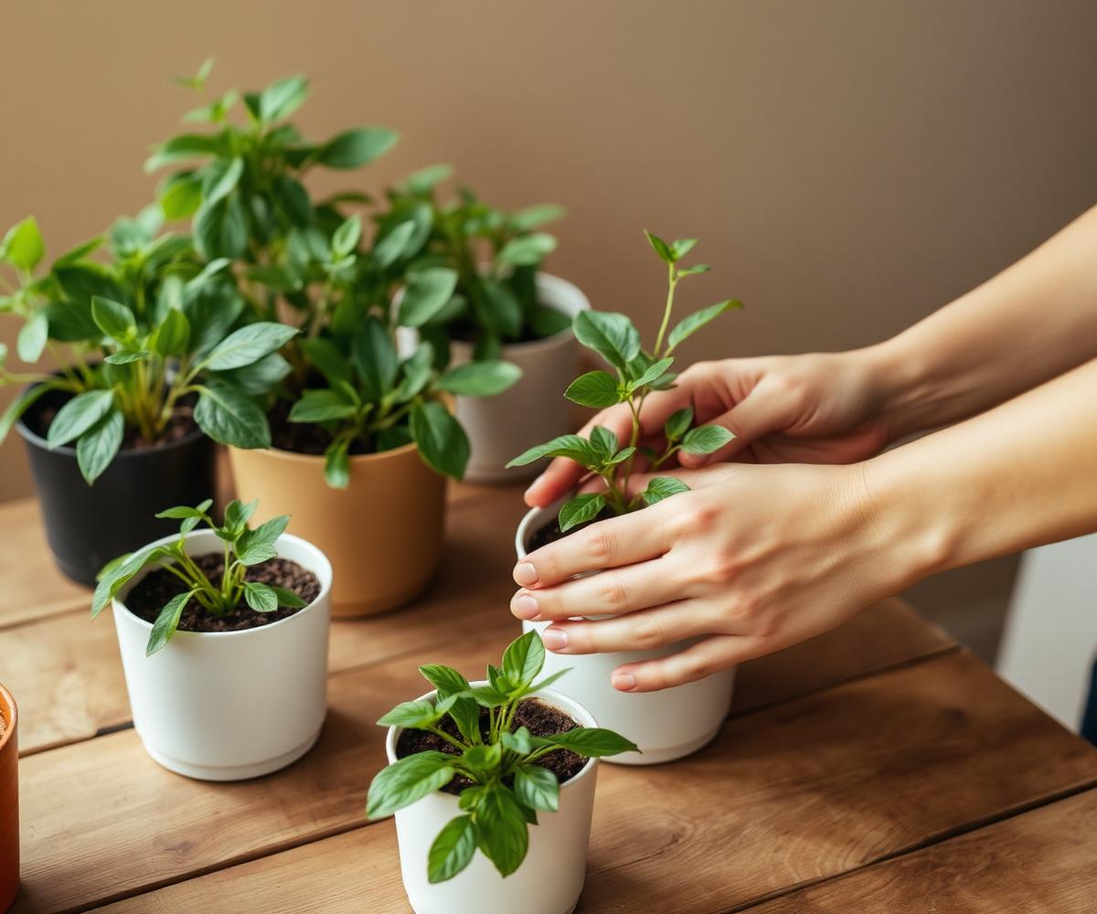 Hands tending to potted houseplants